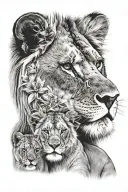 male lion looking over his 2 male lion cubs face only tattoo design idea