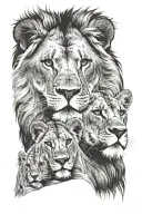 male lion looking over his 2 male lion cubs face only tattoo design idea