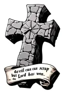cobblestone cross with writing "the devil can scrap but the Lord has won" in old font on a scroll. tattoo design idea