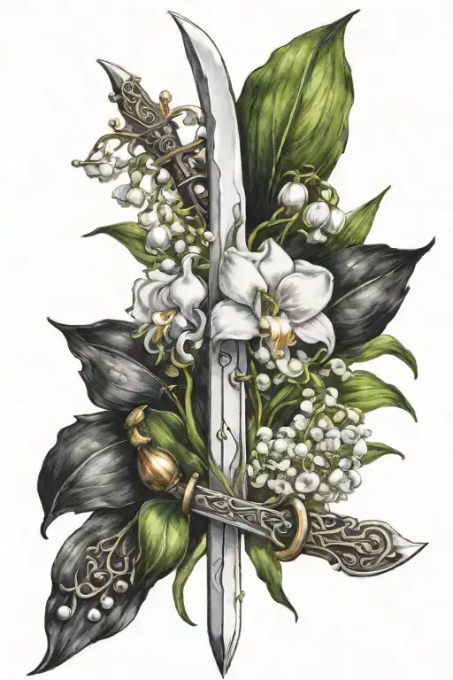 sword and lily of the valley flower tattoo design idea
