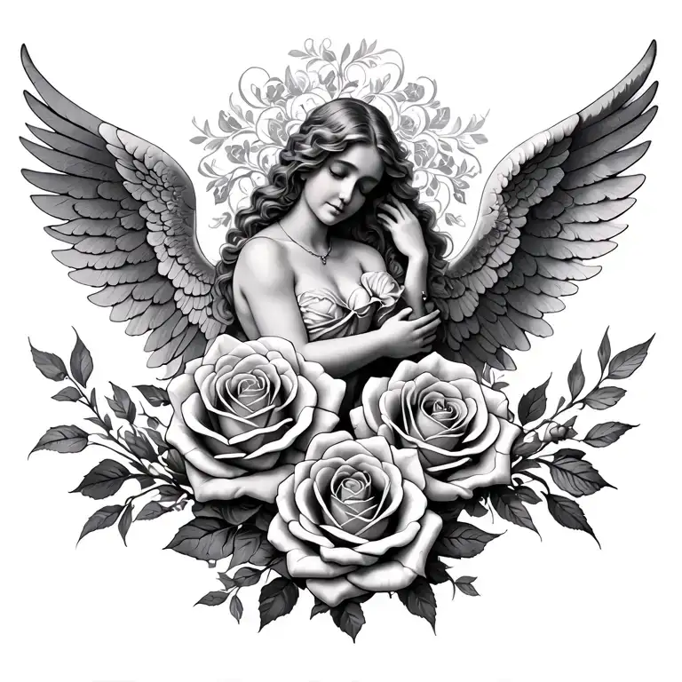 mom memorial large back piece roses angels  tattoo design idea