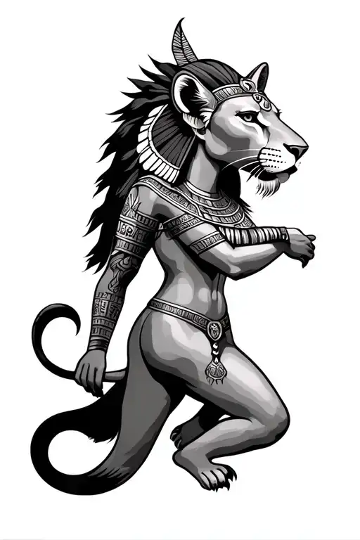Tattoo design of Sekhmet, the Egyptian lioness goddess of war and protection. Fierce female figure with a lioness head o tattoo design idea