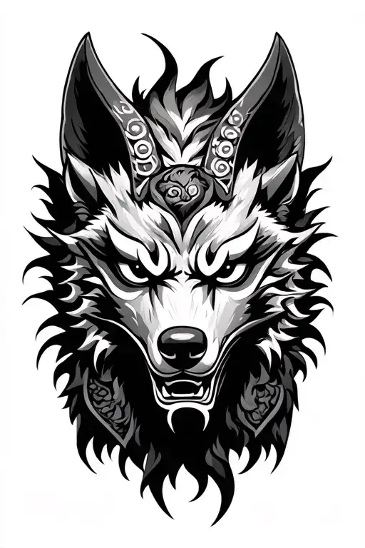 Japanese Oni Wolf Mask tattoo design idea