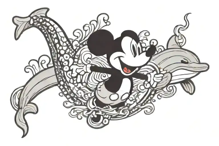 mickey mouse holding a small dolphin leaping tattoo design idea