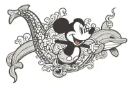 mickey mouse holding a small dolphin leaping tattoo design idea