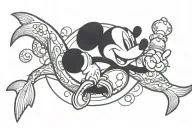 mickey mouse holding a small dolphin leaping tattoo design idea