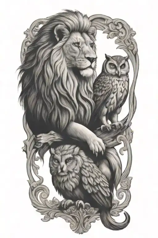 lion and owl perched tattoo design idea