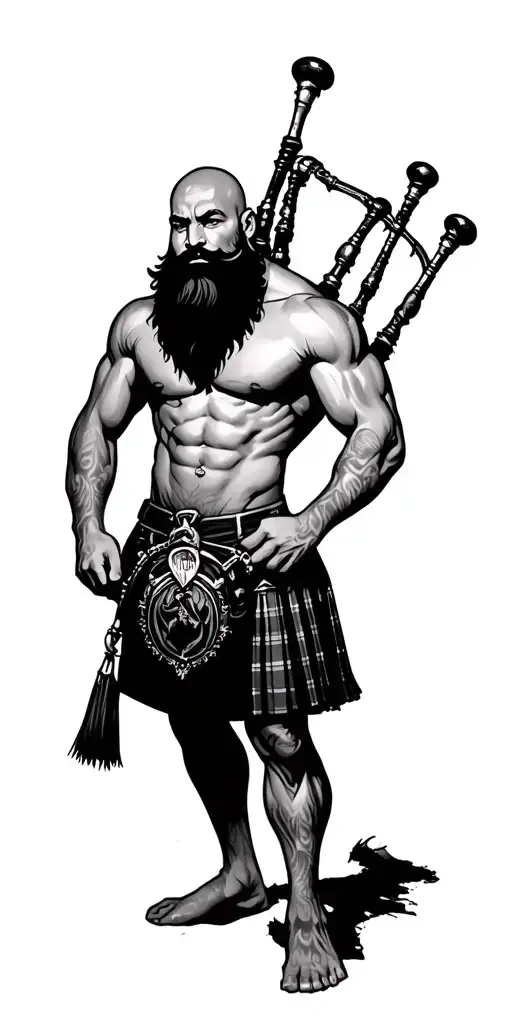 shirtless muscular bagpiper bald black beard tattoo design idea