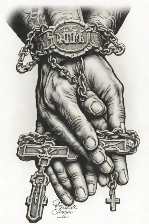 Praying hands holding rosary with 2 dog tags one that says W.I.M and another that says Buddy tattoo design idea