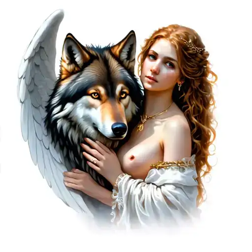 wolf protecting ginger female angel tattoo design idea