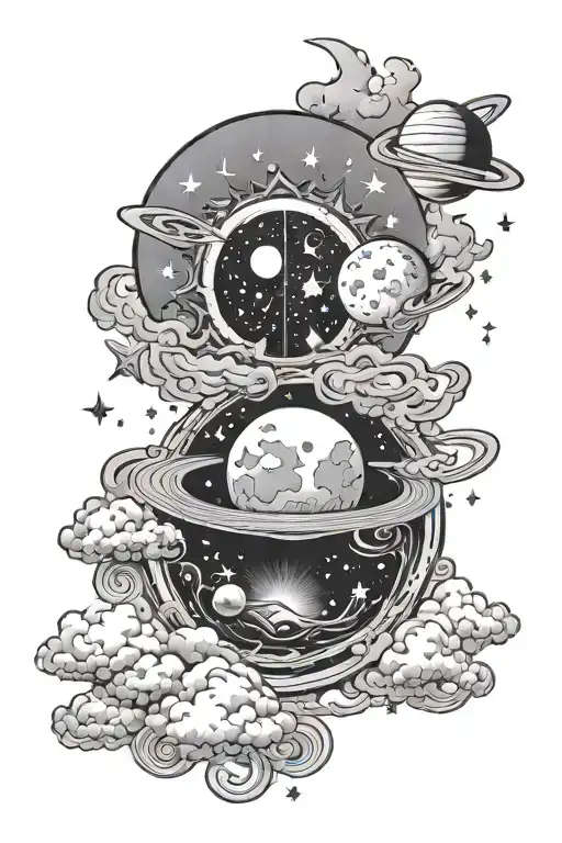 Moon , Stars, Saturn Sun shining trough clouds tattoo design idea