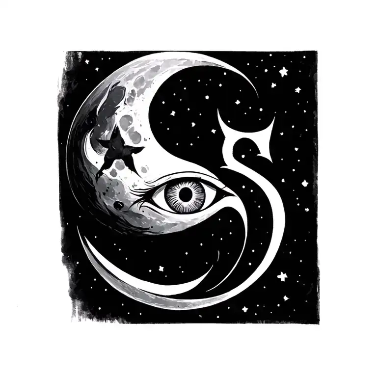 simple design with Moon and letter S and evil eye tattoo design idea