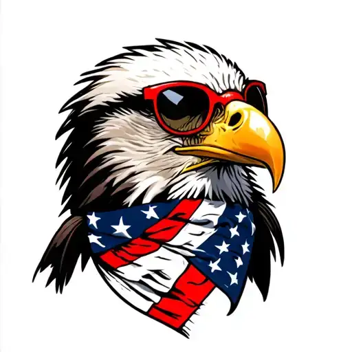 Bald Eagle wearing an American Flag bandana and red framed sunglasses. tattoo design idea