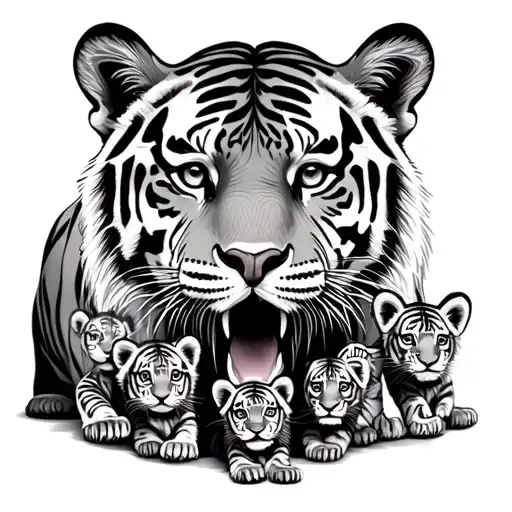 mom tiger with 4 cubs playing tattoo design idea
