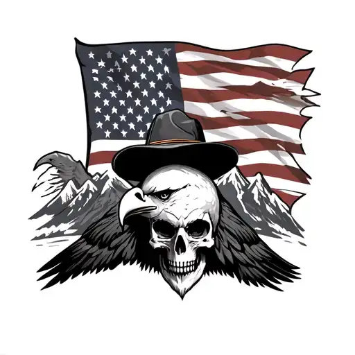 American flag with bald eagle and San Juan mountains and skull with flat brim hat on  tattoo design idea