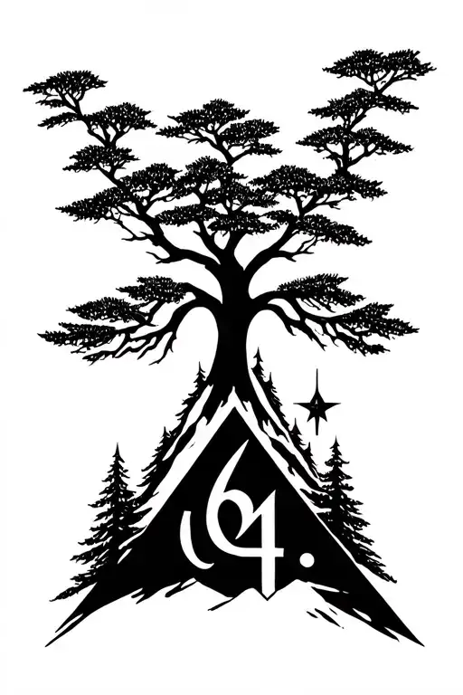 mountain with triangle base, tree of life, pine trees, symbol,wealth, power, a small star "64" in roman number  tattoo design idea