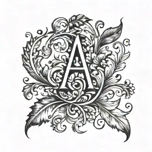 a capital letter "A" as a monogram logo that is dainty, floral and intricate with elegant leaves and vines, without flow tattoo design idea