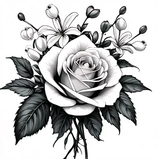 a bouquet with rose, cosmo and lilly of the valley flower tattoo design idea