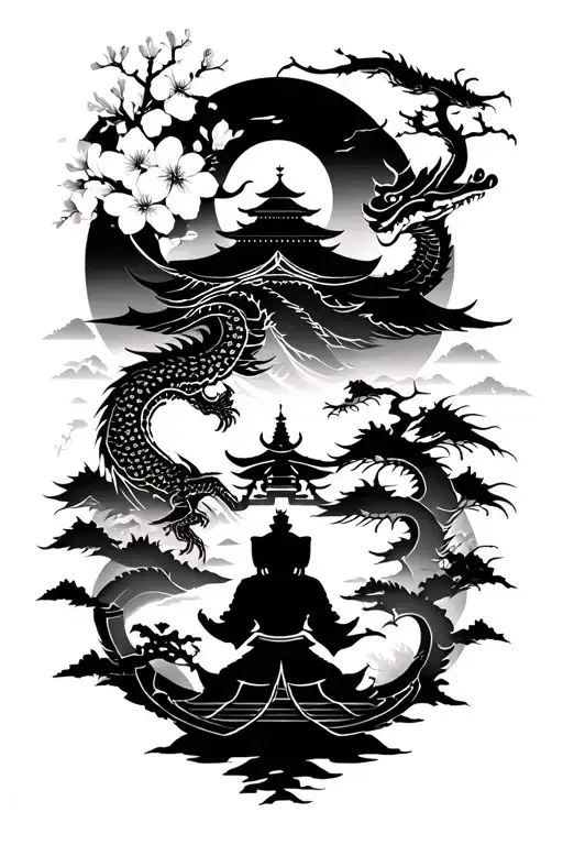 Japanese landscape. Add sakura, samurai figures, dragon, Buddhist motif. Strict and restrained tone tattoo design idea