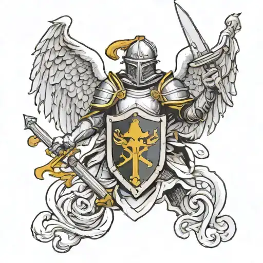 Like a tattoo. Guardian angel as a knight with a sword at his waist, a shield in his left hand and a spear in his right  tattoo design idea