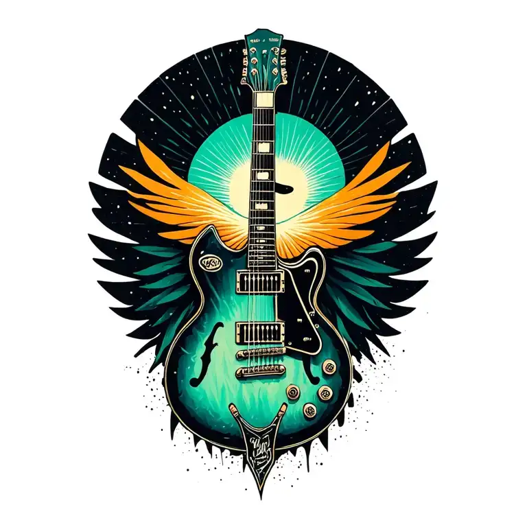 Lord Huron logo with a Guild electric guitar merging in color tattoo design idea