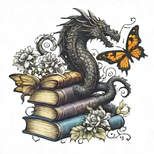 old books winged  black dragon words, light & butterflies, flowers and vines curling outward tattoo design idea