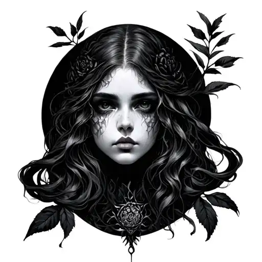 A dark solemn, mysterious feminine figure—represents forgotten places, memories.  embodies sorrow, stillness, grief tattoo design idea