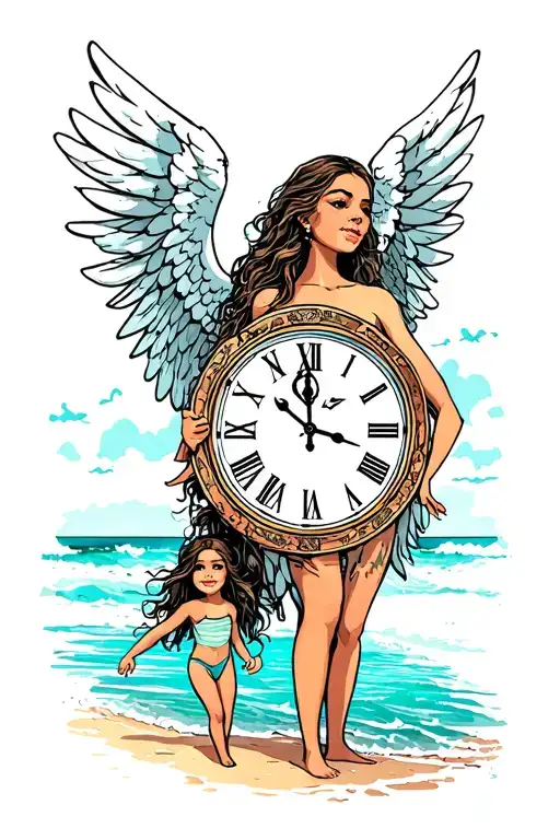 beach family clock angel tattoo design idea
