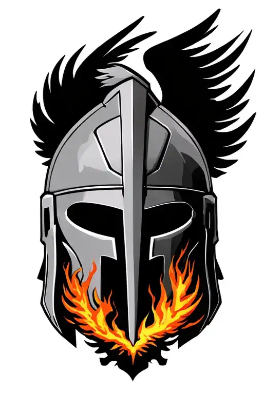 spartan helmet with phoenix rising from the ashes symbolizing overcoming PTSD tattoo design idea