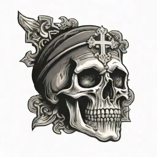 Orthodox Cross on forehead of skull tattoo design idea