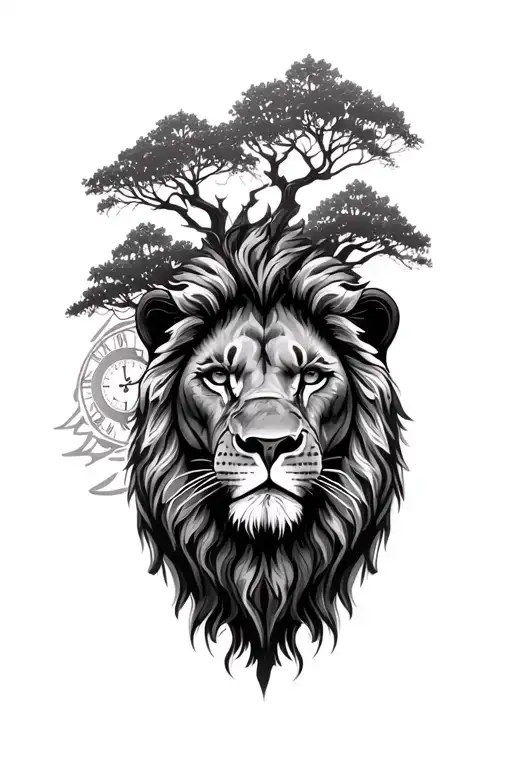 lions face, clocks, trees tattoo design idea