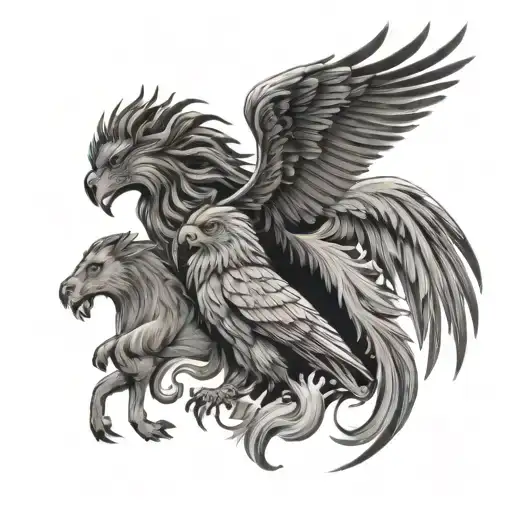 phoenix bird, owl, horse & lion roaring tattoo design idea