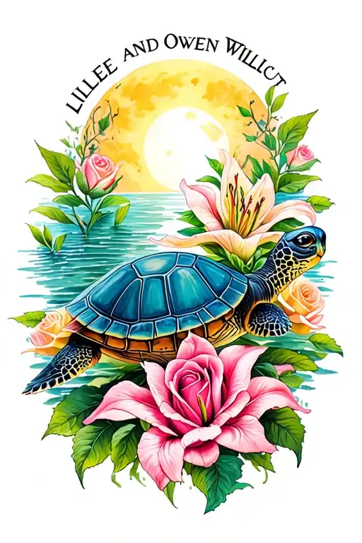 "Lillee and Owen Willcut" turtle with lilies,roses and sun and moon surrounded tattoo design idea