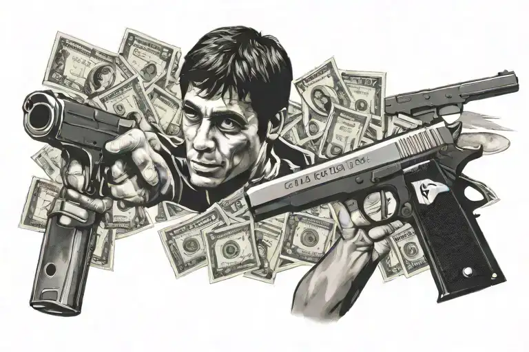scarface with money and gun and the world is yours writte tattoo design idea