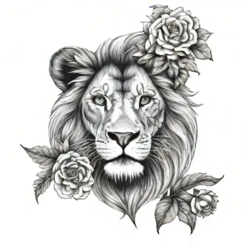 Lion with blue eyes with floral background. Light shading. With March, May, April, August, June and January birth flower tattoo design idea