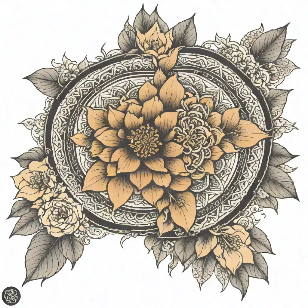 A blackwork tattoo on the forearm featuring a large, detailed mandala in the center, surrounded by floral patterns. The design uses dotwork shading to create depth, with symmetrical petals and geometric shapes radiating from the elbow, creating a harmonious and intricate look. tattoo design idea