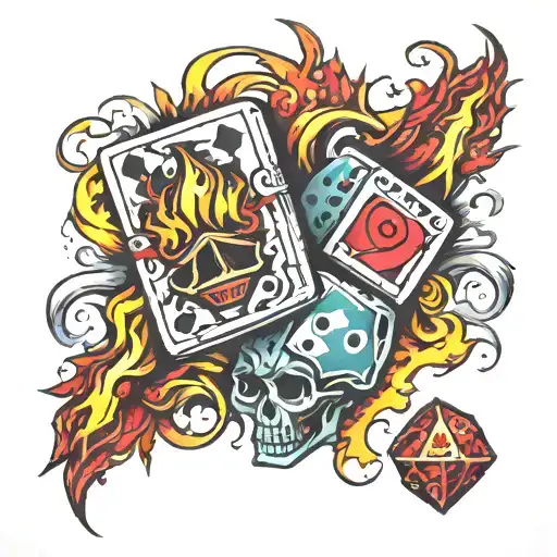 dice flames and mone  tattoo design idea