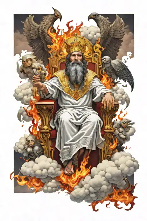 king of kings sitting on throne of cloud and fire surrounded by worshiping angels in realism tattoo design idea
