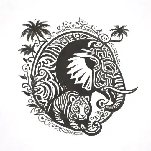under the laurel tree draw elephant and tiger tattoo design idea