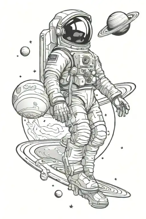 astronaut floating in space reaching for Saturn wings wrapped tattoo design idea