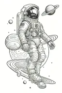 astronaut floating in space reaching for Saturn wings wrapped tattoo design idea