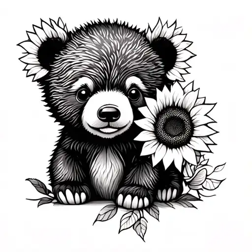 cute baby bear with sunflowers and roses tattoo design idea