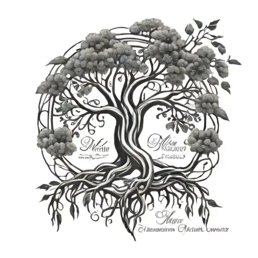 A family tree tattoo design with intricate branches intertwining to form the shape of a willow tree, with names of family members written in the branches tattoo design idea