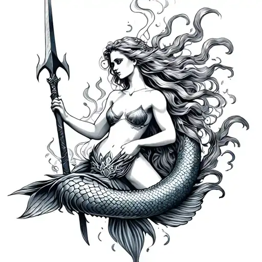 Mermaid tattoo with Poseidon's spear in hand holding tattoo design idea