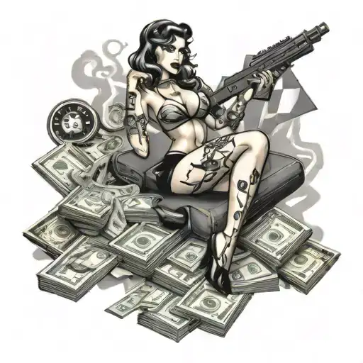 A tattoo design of a sexy pin-up girl sitting on a pile of money, surrounded by racing flags and smoke, with a gun in hand for a touch of danger tattoo design idea