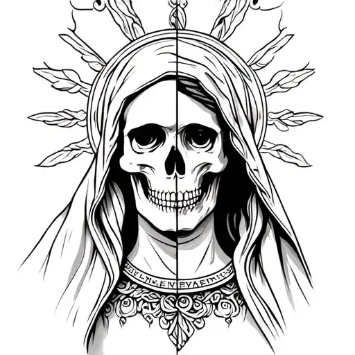 virgin mary with half face half skull tattoo design idea