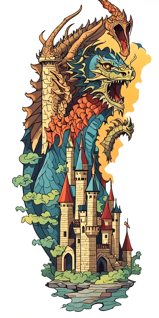 fantasy scene with castle, dragon, knight helmet and wizard tattoo design idea