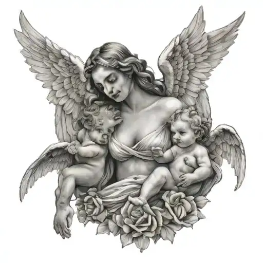 female angel holding 2 cherubs tattoo design idea