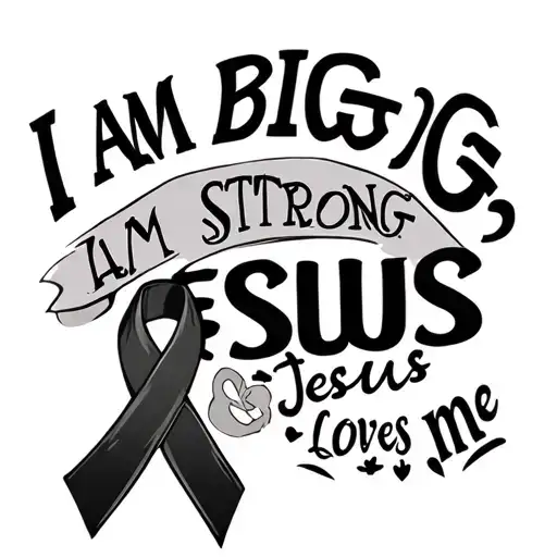 the saying "I am big, I am strong & Jesus loves me" with a cancer ribbon  tattoo design idea