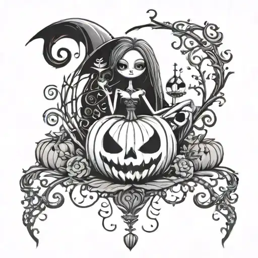jack Skellington Sally side profile with dog zero handing a pumpkin with webs nightshade thorn vines chandelier swirls tattoo design idea